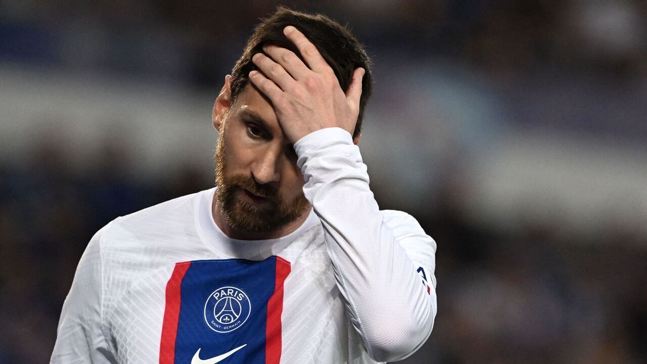 Paris Saint-Germain's Argentine forward Lionel Messi reacts during the French L1 football match between RC Strasbourg Alsace and Paris Saint-Germain (PSG) at Stade de la Meinau in Strasbourg, eastern France on May 27, 2023.