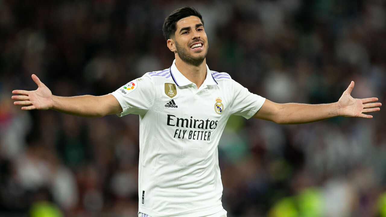 MADRID, SPAIN - MAY 13: Marco Asensio of Real Madrid celebrates after scoring the team's first goal during the LaLiga Santander match between Real Madrid CF and Getafe CF at Estadio Santiago Bernabeu on May 13, 2023 in Madrid, Spain.