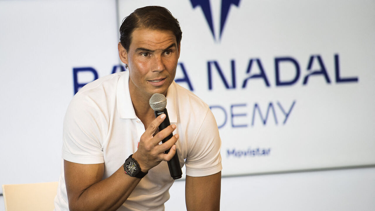 Spanish tennis player Rafael Nadal talks during a press conference to announce he will not compete in the French Open, at the Rafa Nadal Academy in Manacor, on the Spanish Balearic Island of Mallorca, on May 18, 2023. The 22-time Grand Slam winner withdrew from the French Open because his hip injury has not healed and said he expects 2024 to be his final year in professional tennis.