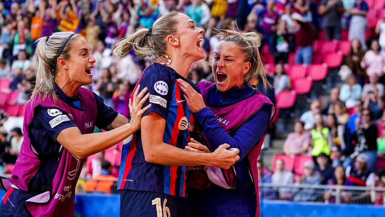EINDHOVEN, NETHERLANDS - JUNE 3: Fridolina Rolfo of FC Barcelona celebrates after scoring her sides third goal during the UEFA Women's Champions League Final match between FC Barcelona and VfL Wolfsburg at the PSV Stadion on June 3, 2023 in Eindhoven, Netherlands