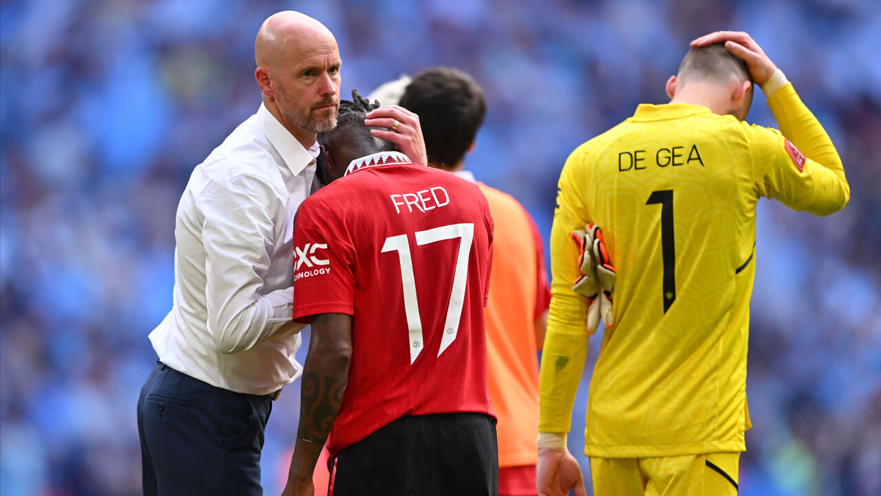 LONDON, ENGLAND - JUNE 03: Erik ten Hag, Manager of Manchester United consoles Fred of Manchester United with David De Gea, goalkeeper of Manchester United looking dejected after the Emirates FA Cup Final match between Manchester City and Manchester United at Wembley Stadium on June 03, 2023 in London, England.