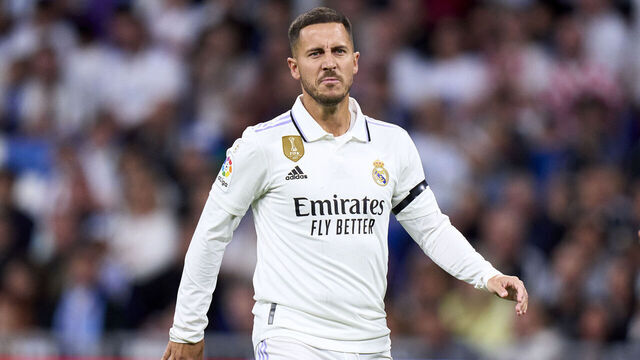 MADRID, SPAIN - MAY 13: Eden Hazard of Real Madrid looks on during the LaLiga Santander match between Real Madrid CF and Getafe CF at Estadio Santiago Bernabeu on May 13, 2023 in Madrid, Spain.