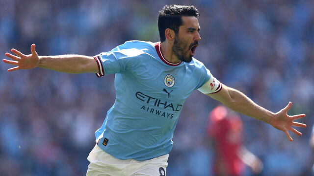 LONDON, ENGLAND - JUNE 03: Ilkay Guendogan of Manchester City celebrates after scoring the team's first goal during the Emirates FA Cup Final between Manchester City and Manchester United at Wembley Stadium on June 03, 2023 in London, England.
