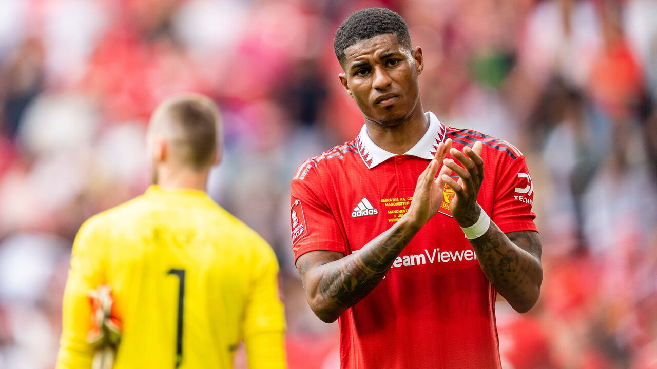 LONDON, ENGLAND - JUNE 03: Marcus Rashford of Manchester United applauds fans after the Emirates FA Cup Final match between Manchester City and Manchester United at Wembley Stadium on June 03, 2023 in London, England.