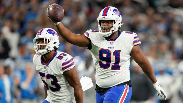 DETROIT, MICHIGAN - NOVEMBER 24: Ed Oliver #91 of the Buffalo Bills celebrates a fumble recovery against the Detroit Lions during the second quarter at Ford Field on November 24, 2022 in Detroit, Michigan.