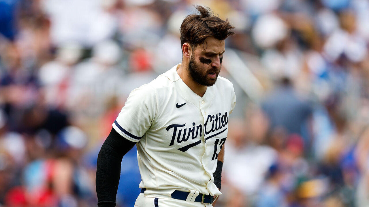 MINNEAPOLIS, MN - MAY 28: Joey Gallo #13 of the Minnesota Twins reacts to his strikeout against the Toronto Blue Jays in the seventh inning at Target Field on May 28, 2023 in Minneapolis, Minnesota. The Blue Jays defeated the Twins 3-0.