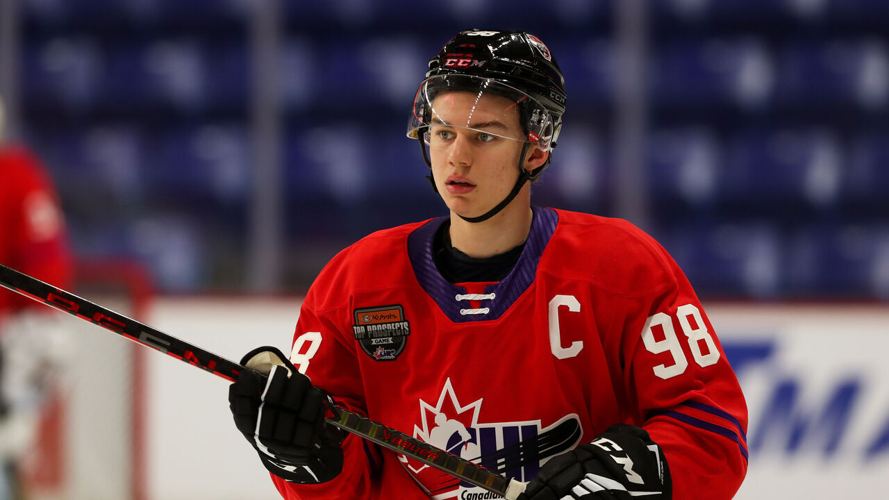 LANGLEY, BRITISH COLUMBIA - JANUARY 25: Forward Connor Bedard #98 of the Regina Pats skates for Team Red during the 2023 Kubota CHL Top Prospects Game Practice at the Langley Events Centre on January 25, 2023 in Langley, British Columbia.