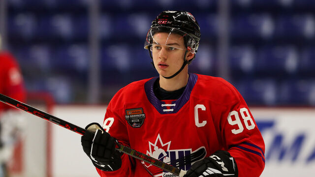 LANGLEY, BRITISH COLUMBIA - JANUARY 25: Forward Connor Bedard #98 of the Regina Pats skates for Team Red during the 2023 Kubota CHL Top Prospects Game Practice at the Langley Events Centre on January 25, 2023 in Langley, British Columbia.