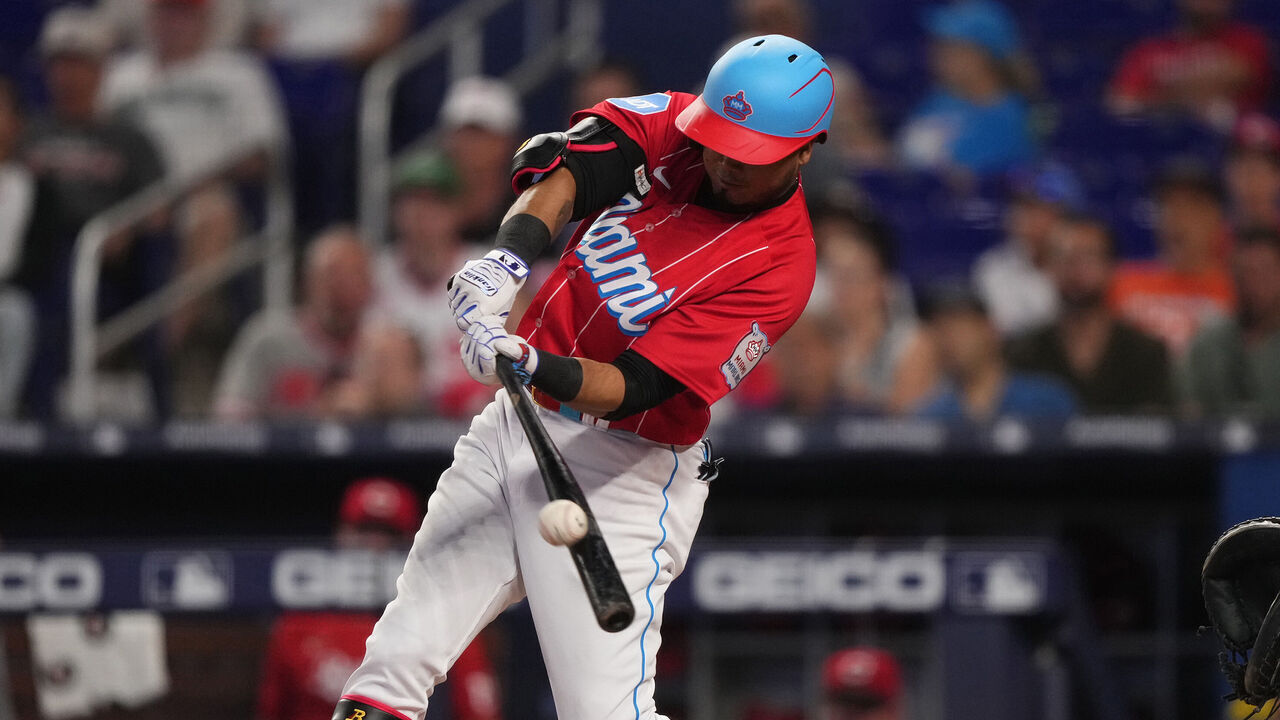 MIAMI, FL - MAY 13: Luis Arraez #3 of the Miami Marlins bats in the game against the Cincinnati Reds at loanDepot park on May 13, 2023 in Miami, Florida. (Jasen Vinlove/Miami Marlins/Getty Images)
