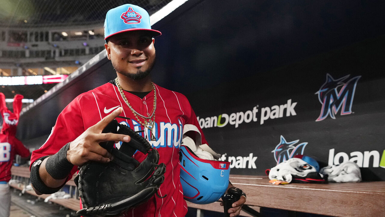 MIAMI, FL - APRIL 29: Luis Arraez #3 of the Miami Marlins celebrates after defeating the against the Chicago Cubs at loanDepot park on April 29, 2023 in Miami, Florida. (Jasen Vinlove/Miami Marlins/Contributor)