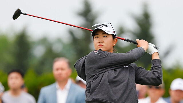 JERSEY CITY, NJ - JUNE 03: Rose Zhang of the United States tees off at the first hole during the third round of the LPGA Mizuho Americas Open at Liberty National Golf Club on June 3, 2023 in Jersey City, New Jersey.