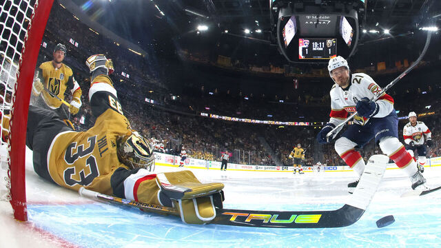 LAS VEGAS, NEVADA - JUNE 03: Adin Hill #33 of the Vegas Golden Knights makes the save against Nick Cousins #21 of the Florida Panthers during the second period in Game One of the 2023 NHL Stanley Cup Final at T-Mobile Arena on June 03, 2023 in Las Vegas, Nevada.