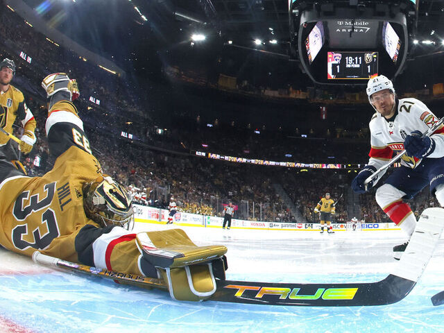 LAS VEGAS, NEVADA - JUNE 03: Adin Hill #33 of the Vegas Golden Knights makes the save against Nick Cousins #21 of the Florida Panthers during the second period in Game One of the 2023 NHL Stanley Cup Final at T-Mobile Arena on June 03, 2023 in Las Vegas, Nevada.