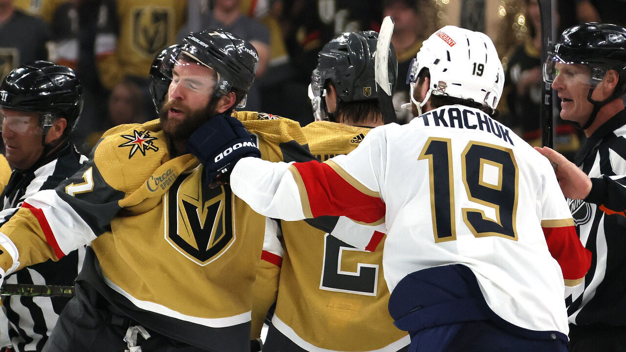 LAS VEGAS, NEVADA - JUNE 03: Alex Pietrangelo #7 of the Vegas Golden Knights is shoved by Matthew Tkachuk #19 of the Florida Panthers during the second period in Game One of the 2023 NHL Stanley Cup Final at T-Mobile Arena on June 03, 2023 in Las Vegas, Nevada.
