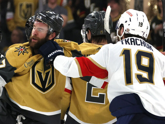 LAS VEGAS, NEVADA - JUNE 03: Alex Pietrangelo #7 of the Vegas Golden Knights is shoved by Matthew Tkachuk #19 of the Florida Panthers during the second period in Game One of the 2023 NHL Stanley Cup Final at T-Mobile Arena on June 03, 2023 in Las Vegas, Nevada.