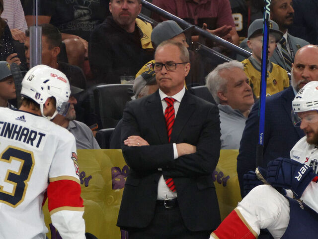 LAS VEGAS, NEVADA - JUNE 03: Head Coach Paul Maurice of the Florida Panthers looks on as his players go for a line change during the second period of Game One of the 2023 NHL Stanley Cup Final between the Florida Panthers and the Vegas Golden Knights at T-Mobile Arena on June 03, 2023 in Las Vegas, Nevada.