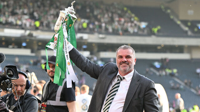 GLASGOW, SCOTLAND - JUNE 03: Ange Postecoglou, Manager of Celtic with the trophy after the Scottish Cup Final match between Celtic and Inverness Caledonian Thistle at Hampden Park on June 03, 2023 in Glasgow, Scotland.