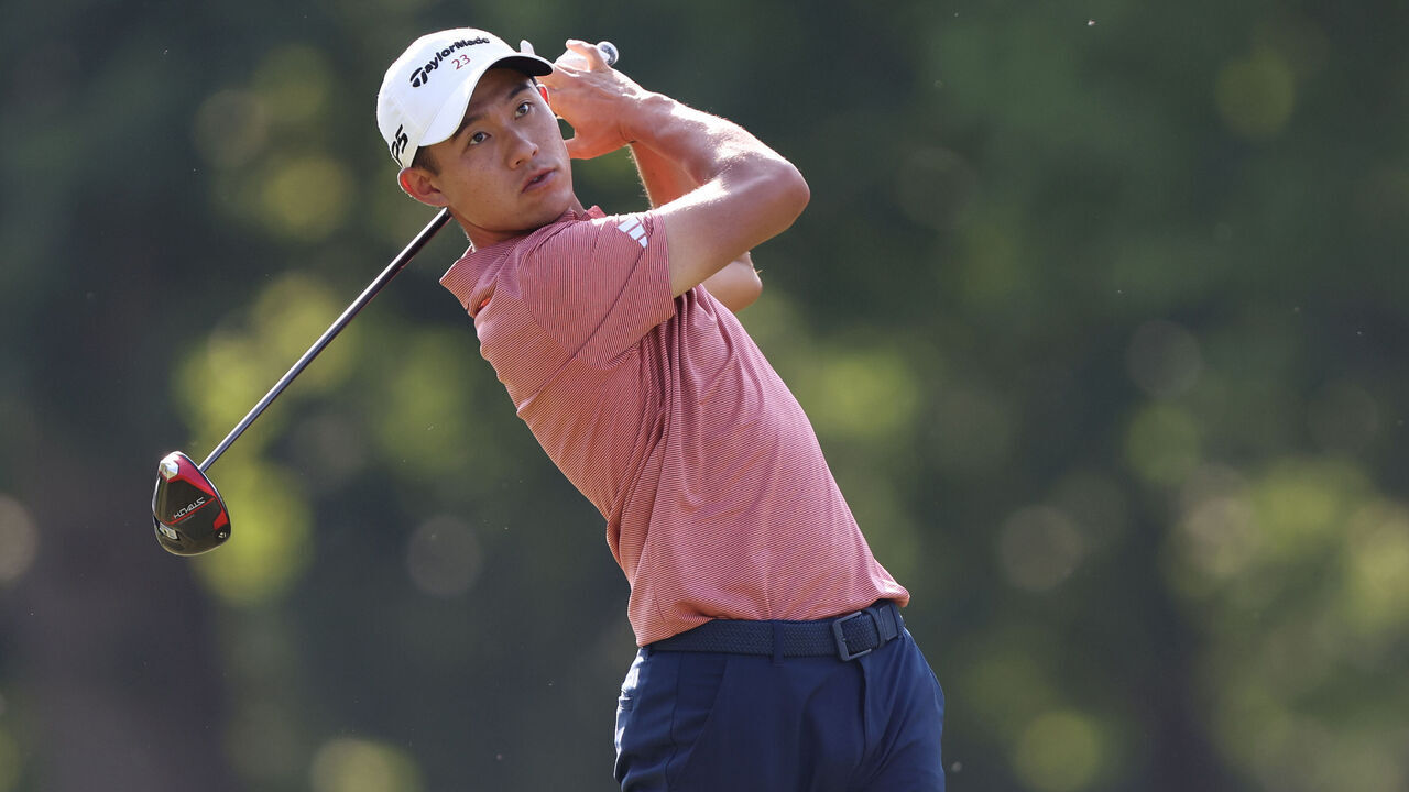 Collin Morikawa follows his fairway shot on the 18th hole during the second round of the 48th Memorial Tournament presented by Workday at Muirfield Village Golf Club in Dublin, Ohio, USA on Friday, June 2, 2023.