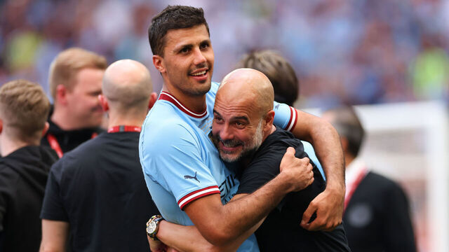 LONDON, ENGLAND - JUNE 3: Pep Guardiola manager of Manchester City celebrates with Rodri after the Emirates FA Cup Final match between Manchester City and Manchester United at Wembley Stadium on June 3, 2023 in London, England.