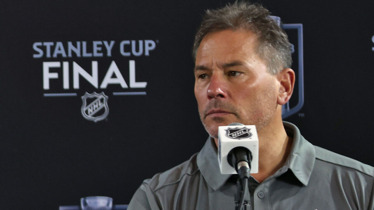 LAS VEGAS, NEVADA - JUNE 02: Head coach Bruce Cassidy of the Vegas Golden Knights speaks during Media Day for the 2023 NHL Stanley Cup Final at T-Mobile Arena on June 02, 2023 in Las Vegas, Nevada.