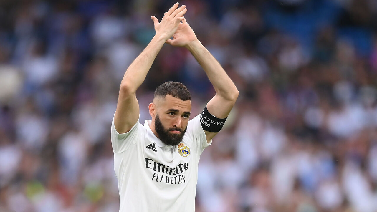 MADRID, SPAIN - JUNE 04: Karim Benzema of Real Madrid acknowledges fans at the end of the LaLiga Santander match between Real Madrid CF and Athletic Club at Estadio Santiago Bernabeu on June 04, 2023 in Madrid, Spain.