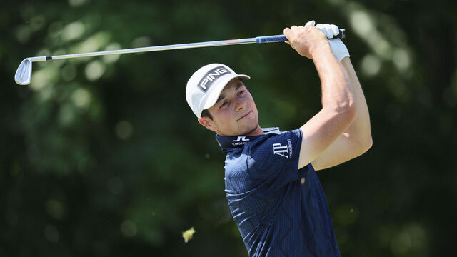 DUBLIN, OHIO - JUNE 04: Viktor Hovland of Norway hits a tee shot on the 14th hole during the final round of the Memorial Tournament presented by Workday at Muirfield Village Golf Club on June 04, 2023 in Dublin, Ohio.