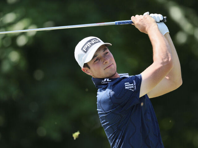 DUBLIN, OHIO - JUNE 04: Viktor Hovland of Norway hits a tee shot on the 14th hole during the final round of the Memorial Tournament presented by Workday at Muirfield Village Golf Club on June 04, 2023 in Dublin, Ohio.