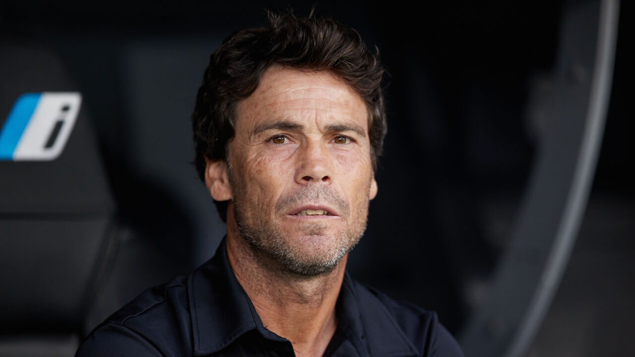 MADRID, SPAIN - APRIL 29: Manager Joan Francesc Ferrer Sicilia alias Rubi of Almeria UD recats from the bench prior to start the LaLiga Santander match between Real Madrid CF and UD Almeria at Estadio Santiago Bernabeu on April 29, 2023 in Madrid, Spain.