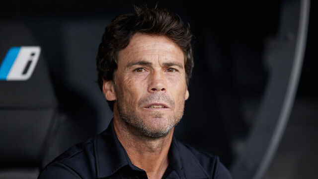 MADRID, SPAIN - APRIL 29: Manager Joan Francesc Ferrer Sicilia alias Rubi of Almeria UD recats from the bench prior to start the LaLiga Santander match between Real Madrid CF and UD Almeria at Estadio Santiago Bernabeu on April 29, 2023 in Madrid, Spain.