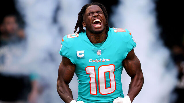 MIAMI GARDENS, FLORIDA - JANUARY 08: Tyreek Hill #10 of the Miami Dolphins is introduced prior to a game against the New York Jets at Hard Rock Stadium on January 08, 2023 in Miami Gardens, Florida.
