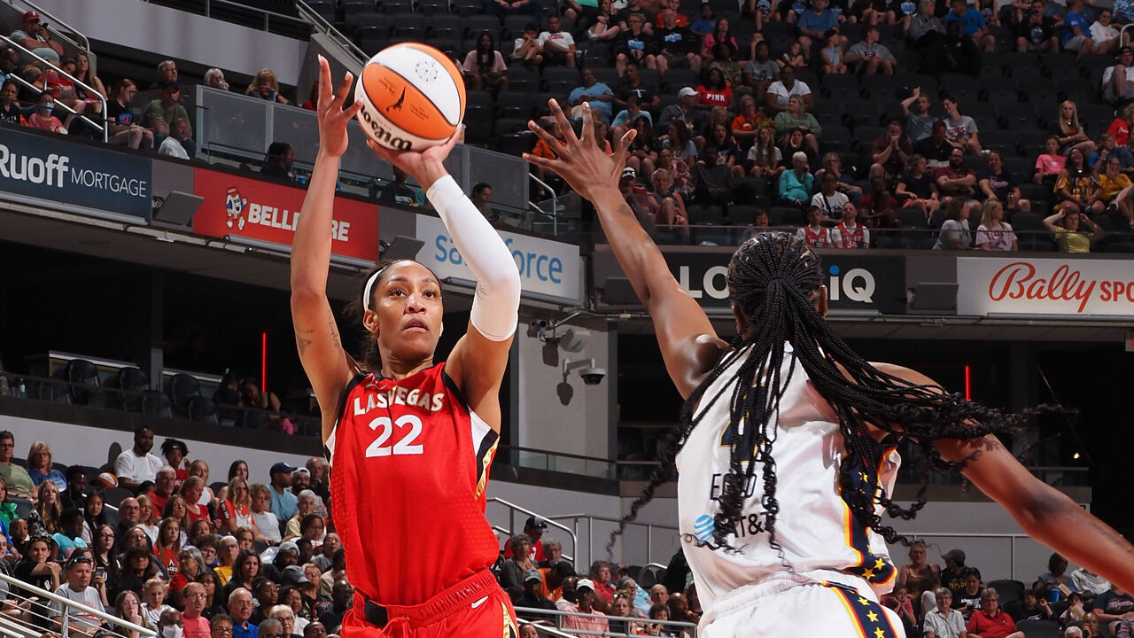 INDIANAPOLIS, IN - JUNE 4: A'ja Wilson #22 of the Las Vegas Aces shoots the ball during the game against the Indiana Fever on June 4, 2023 at Gainbridge Fieldhouse in Indianapolis, Indiana. Mandatory Copyright Notice: Copyright 2023 NBAE