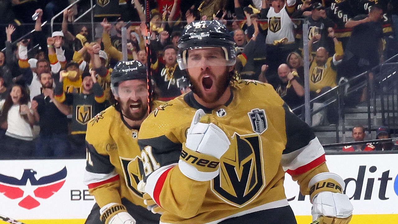 LAS VEGAS, NEVADA - JUNE 03: Jonathan Marchessault #81 of the Vegas Golden Knights celebrates his first period goal against Sergei Bobrovsky #72 of the Florida Panthers in Game One of the 2023 NHL Stanley Cup Final at T-Mobile Arena on June 03, 2023 in Las Vegas, Nevada.