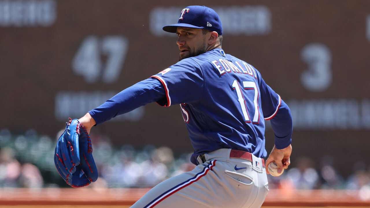 DETROIT, MICHIGAN - MAY 29: Nathan Eovaldi #17 of the Texas Rangers plays against the Detroit Tigers at Comerica Park on May 29, 2023 in Detroit, Michigan.