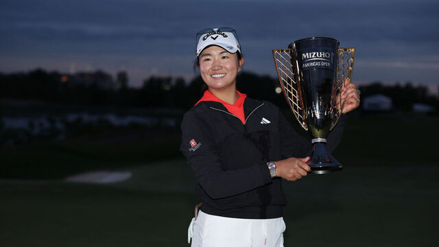 JERSEY CITY, NEW JERSEY - JUNE 04: Rose Zhang of the United States poses with the trophy after winning the Mizuho Americas Open in a playoff over Jennifer Kupcho of the United States (not pictured) during the final round at Liberty National Golf Club on June 4, 2023 in Jersey City, New Jersey.