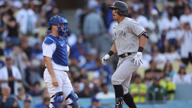 LOS ANGELES, CALIFORNIA - JUNE 04: Anthony Volpe #11 of the New York Yankees celebrates his two run homerun past Will Smith #16 of the Los Angeles Dodgers, to take a 4-1 lead, during the ninth inning at Dodger Stadium on June 04, 2023 in Los Angeles, California.