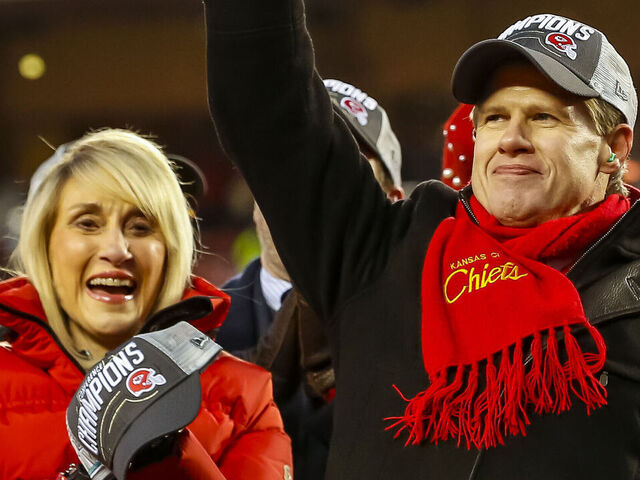 KANSAS CITY, MO - JANUARY 19: Kansas City Chiefs owner and CEO Clark Hunt holds up the Lamar Hunt trophy with his mother, Norma Hunt, widow of the Chiefs founder, Lamar Hunt, after defeating the Tennessee Titans in the AFC Championship Game at Arrowhead Stadium on January 19, 2020 in Kansas City, Missouri. The Chiefs defeated the Titans 35-24.