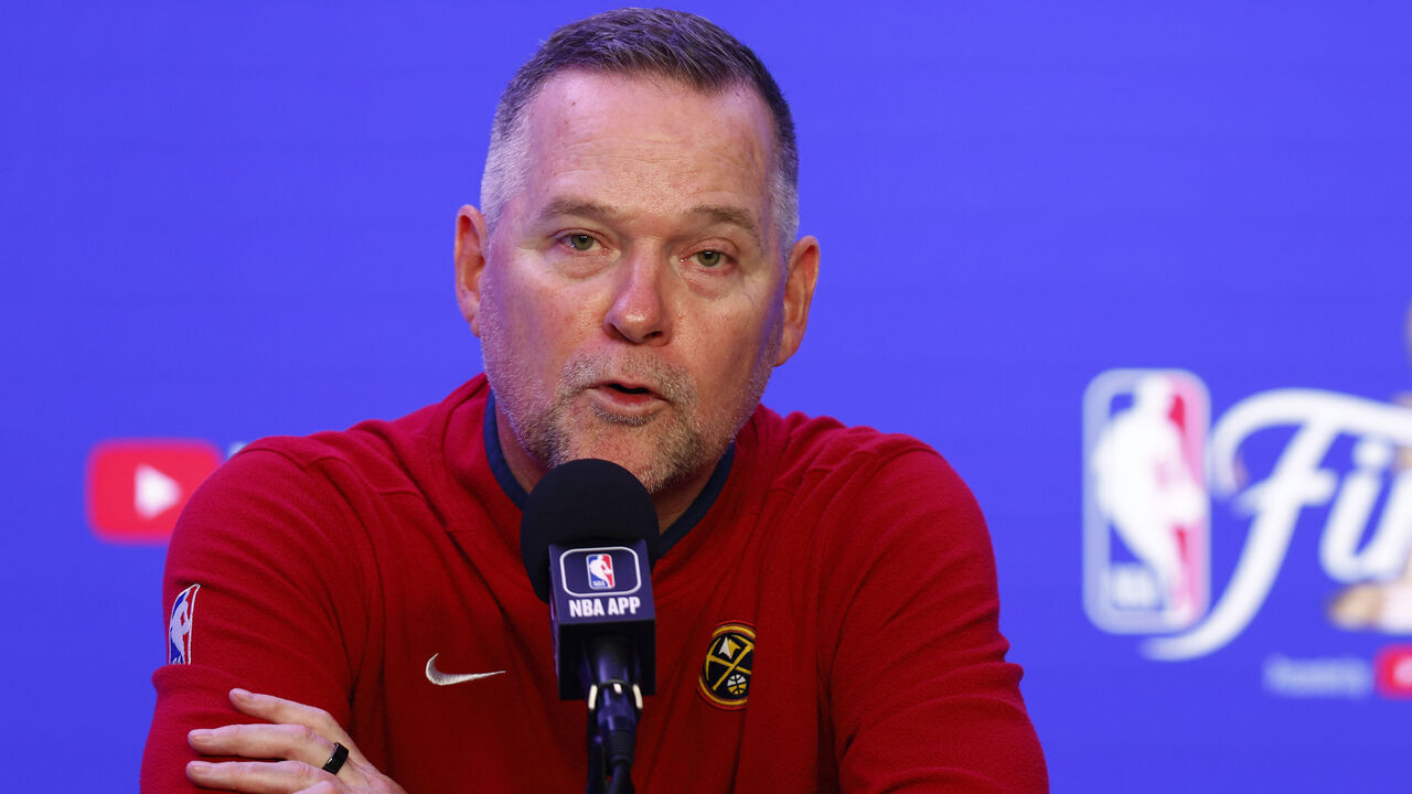 DENVER, COLORADO - JUNE 04: Head coach Michael Malone of the Denver Nuggets speaks with media after a 111-108 loss against the Miami Heat in Game Two of the 2023 NBA Finals at Ball Arena on June 04, 2023 in Denver, Colorado.