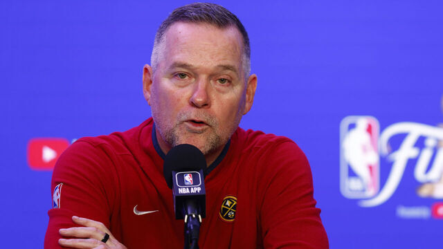 DENVER, COLORADO - JUNE 04: Head coach Michael Malone of the Denver Nuggets speaks with media after a 111-108 loss against the Miami Heat in Game Two of the 2023 NBA Finals at Ball Arena on June 04, 2023 in Denver, Colorado.