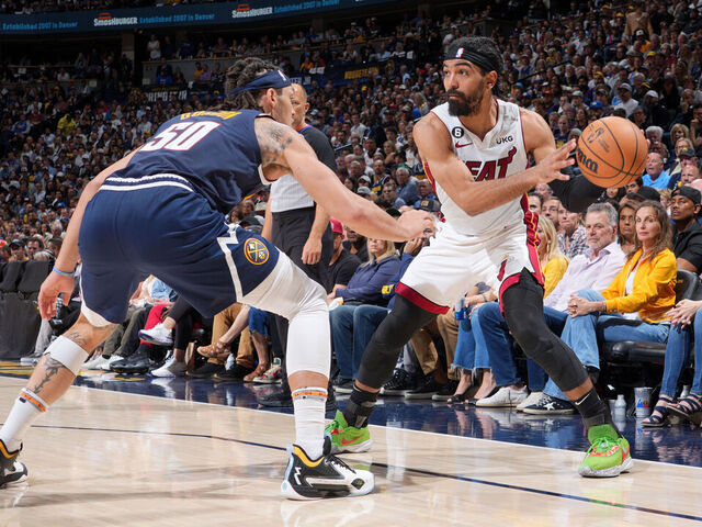 DENVER, CO - JUNE 4: Gabe Vincent #2 of the Miami Heat dribbles the ball during Game Two of the 2023 NBA Finals on June 4, 2023 at the Ball Arena in Denver, Colorado. NOTE TO USER: User expressly acknowledges and agrees that, by downloading and/or using this Photograph, user is consenting to the terms and conditions of the Getty Images License Agreement. Mandatory Copyright Notice: Copyright 2023 NBAE