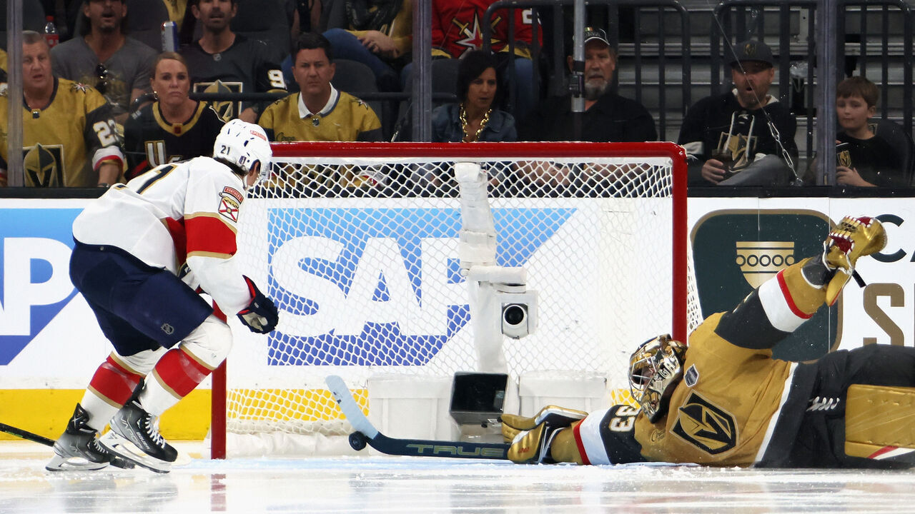 LAS VEGAS, NEVADA - JUNE 03: Adin Hill #33 of the Vegas Golden Knights makes the save against Nick Cousins #21 of the Florida Panthers during the second period in Game One of the 2023 NHL Stanley Cup Final at T-Mobile Arena on June 03, 2023 in Las Vegas, Nevada.