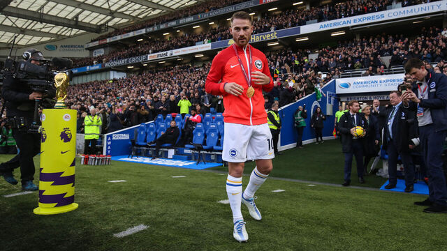 BRIGHTON, ENGLAND - JANUARY 14: Alexis Mac Allister of Brighton & Hove Albion with his World Cup winners medal at the trophy as he returns to play for his team during the Premier League match between Brighton & Hove Albion and Liverpool FC at American Express Community Stadium on January 14, 2023 in Brighton, United Kingdom.