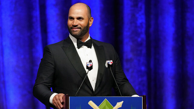 NEW YORK, NY - JANUARY 28: Albert Pujols speaks to the crowd after receiving the William Slocum/Jack Lang Long & Meritorious Service Award during the 2023 BBWAA Awards Dinner at New York Hilton Midtown on Saturday, January 28, 2023 in New York, New York.
