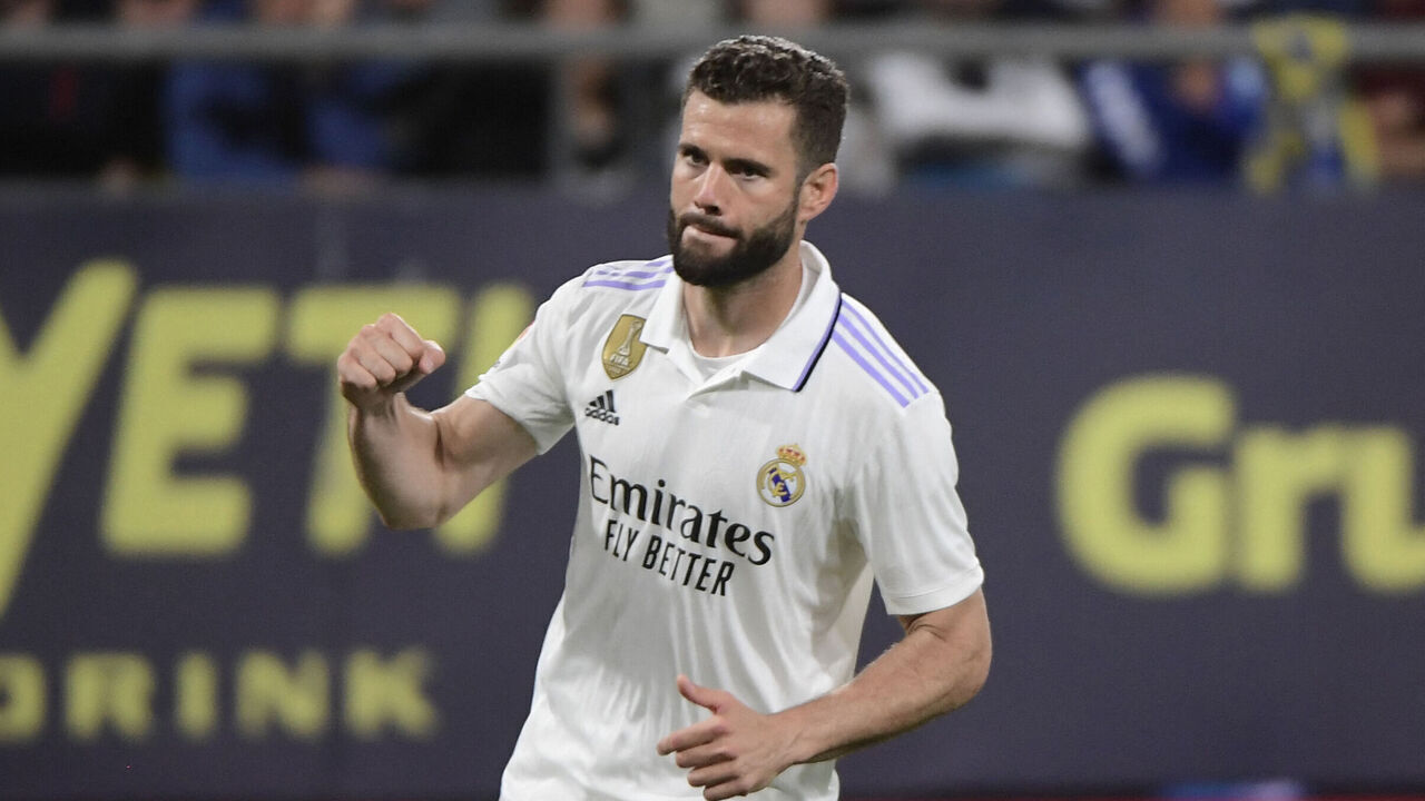 Real Madrid's Spanish defender Nacho Fernandez celebrates scoring his team's first goal during the Spanish league football match between Cadiz CF and Real Madrid CF at the Nuevo Mirandilla stadium in Cadiz on April 15, 2023.