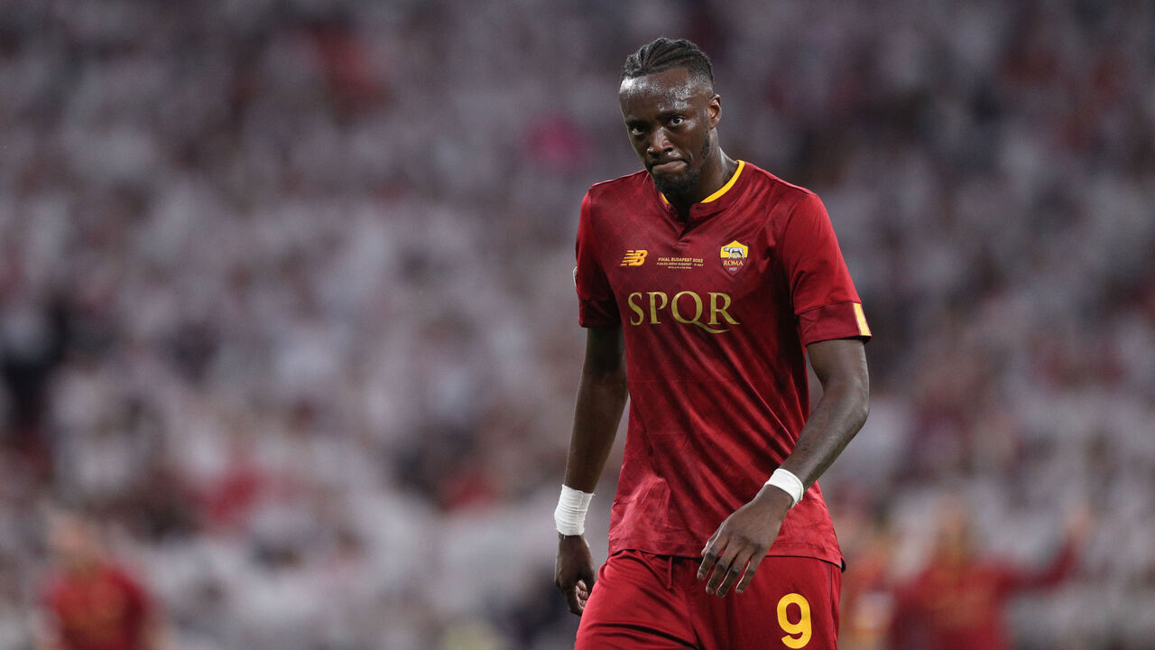 BUDAPEST, HUNGARY - MAY 31: Tammy Abraham of AS Roma reacts during the UEFA Europa League 2022/23 final match between Sevilla FC and AS Roma at Puskas Arena on May 31, 2023 in Budapest, Hungary.