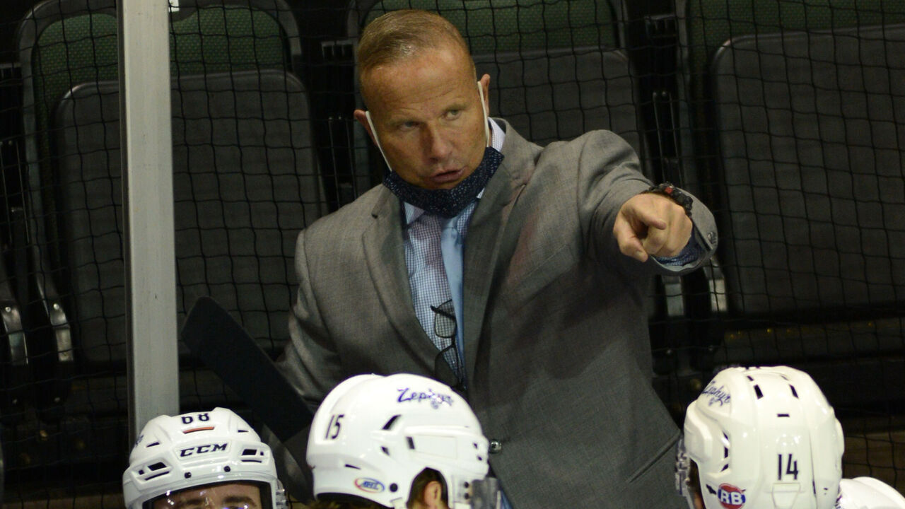 CEDAR PARK, TX - MARCH 12: Colorado Eagles head coach Greg Cronin gives instructions during AHL game featuring the Colorado Eagles and the Texas Stars on March 12, 2021 at the HEB Center in Cedar Park, TX.