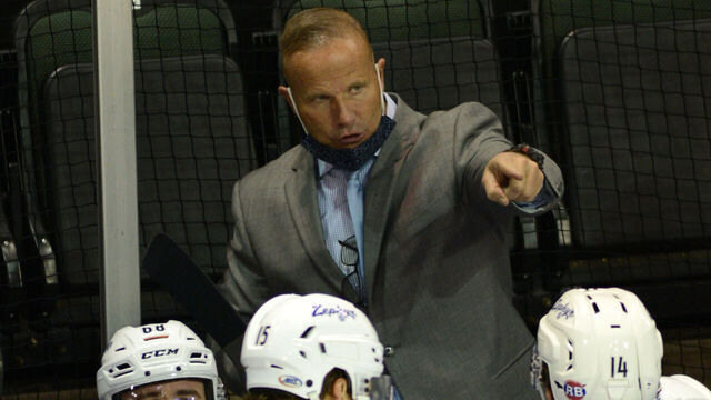 CEDAR PARK, TX - MARCH 12: Colorado Eagles head coach Greg Cronin gives instructions during AHL game featuring the Colorado Eagles and the Texas Stars on March 12, 2021 at the HEB Center in Cedar Park, TX.