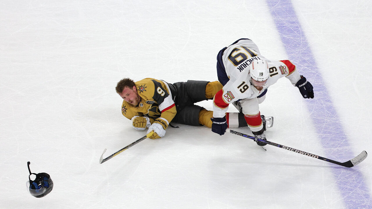 LAS VEGAS, NEVADA - JUNE 05: Matthew Tkachuk #19 of the Florida Panthers checks Jack Eichel #9 of the Vegas Golden Knights during the second period in Game Two of the 2023 NHL Stanley Cup Final at T-Mobile Arena on June 05, 2023 in Las Vegas, Nevada.