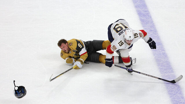 LAS VEGAS, NEVADA - JUNE 05: Matthew Tkachuk #19 of the Florida Panthers checks Jack Eichel #9 of the Vegas Golden Knights during the second period in Game Two of the 2023 NHL Stanley Cup Final at T-Mobile Arena on June 05, 2023 in Las Vegas, Nevada.