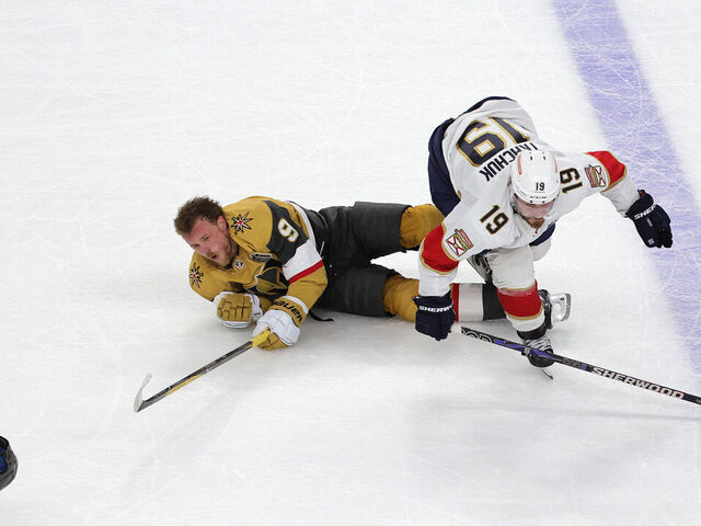 LAS VEGAS, NEVADA - JUNE 05: Matthew Tkachuk #19 of the Florida Panthers checks Jack Eichel #9 of the Vegas Golden Knights during the second period in Game Two of the 2023 NHL Stanley Cup Final at T-Mobile Arena on June 05, 2023 in Las Vegas, Nevada.