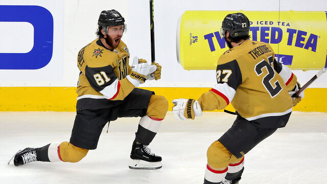 LAS VEGAS, NEVADA - JUNE 05: Jonathan Marchessault #81 of the Vegas Golden Knights is congratulated by Shea Theodore #27 after scoring a goal against the Florida Panthers during the first period in Game Two of the 2023 NHL Stanley Cup Final at T-Mobile Arena on June 05, 2023 in Las Vegas, Nevada.